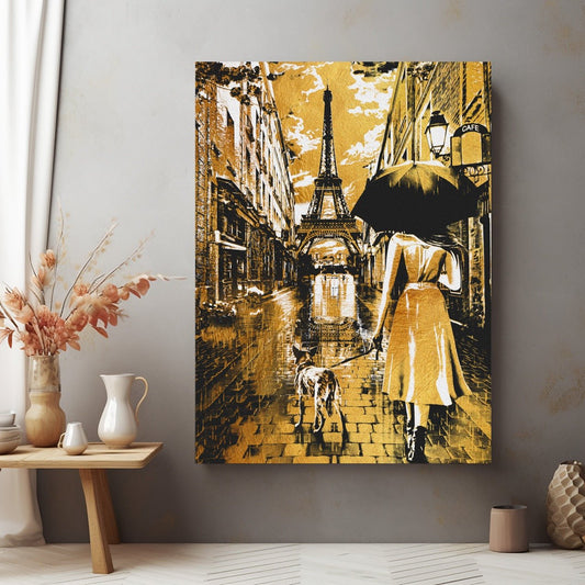 Tablou Canvas Paris aurit cu catel plimbat elegant | The Print Studio