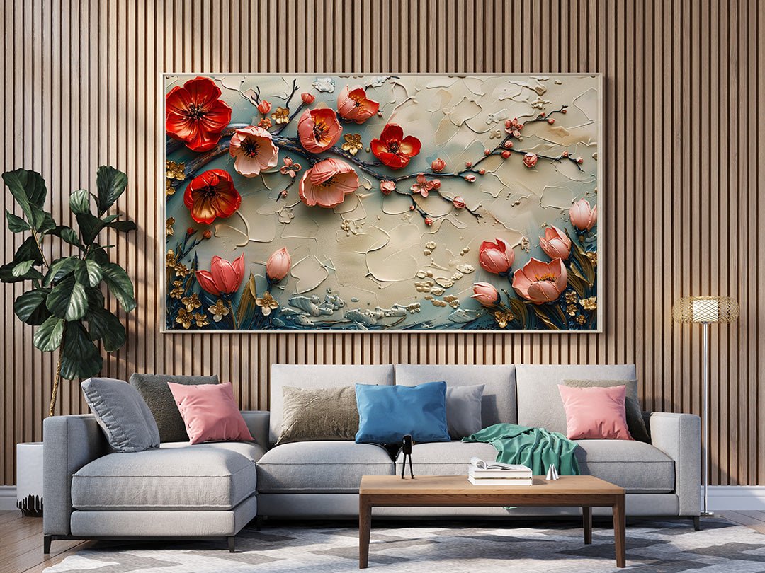 Tablou Canvas flori de primavara pe ramuri albastru pastel | The Print Studio