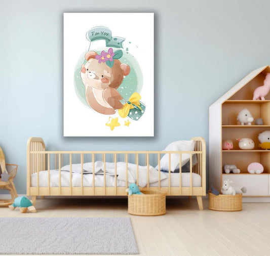 Tablou Canvas ursulet fericit cu flori si cadou plin de bucurie | The Print Studio