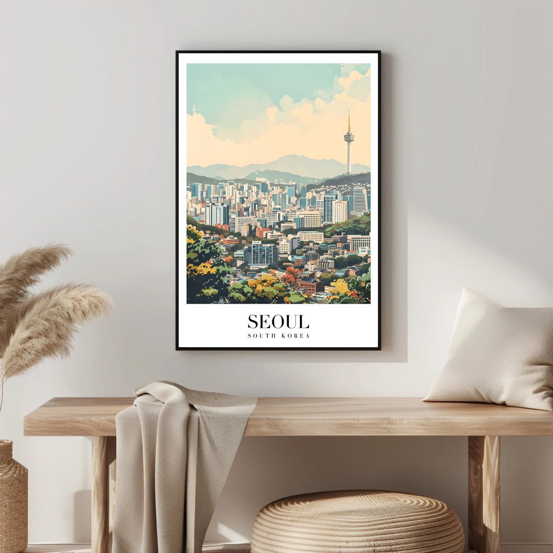 Tablou Canvas Print panorama urbana Seoul turn munte, stil ilustrativ