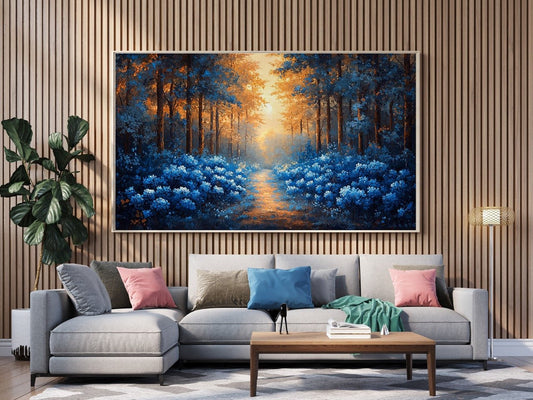 Tablou Canvas padure albastra luminata de apus | The Print Studio