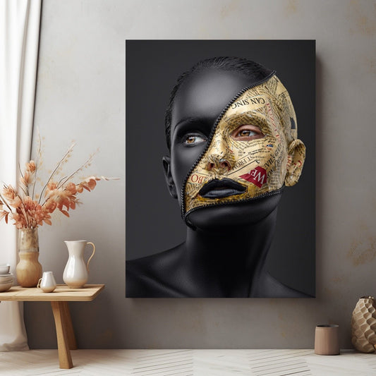 Tablou Canvas portret abstract alaturat de ziare in auriu si negru | The Print Studio