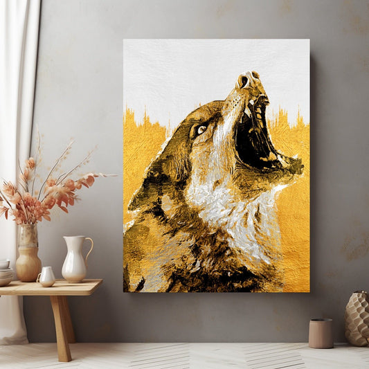 Tablou Canvas Lup auriu stralucitor pe fundal negru | The Print Studio