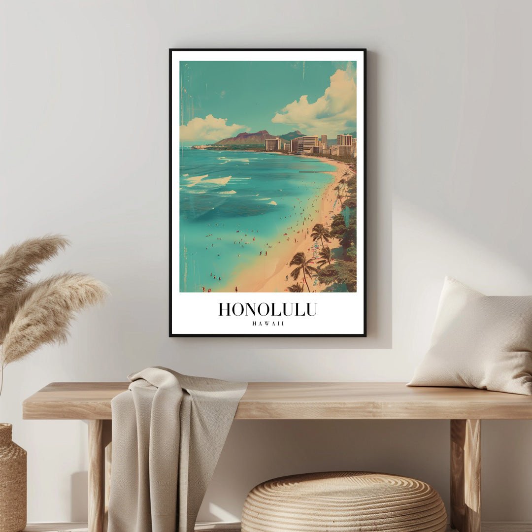 Tablou Canvas plaja Honolulu, mare turcoaz vintage romantica | The Print Studio