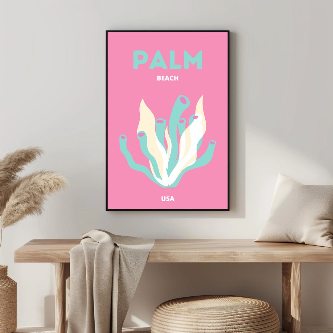 Tablou Canvas palmier la plaja cu flori pastelate minimaliste | The Print Studio