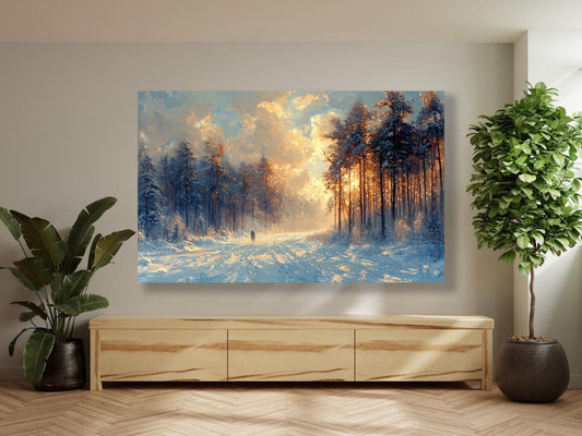 Tablou Canvas apus friguros luminand padurea iernii | The Print Studio
