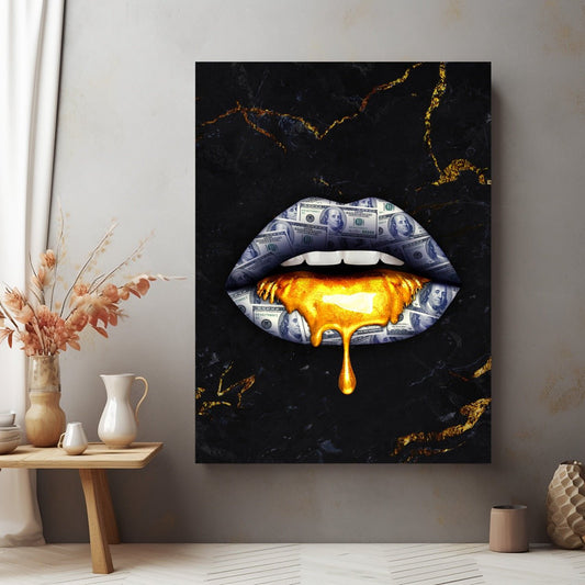 Tablou Canvas buze aurii pe fond elegant negru | The Print Studio