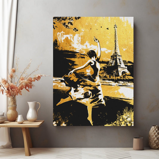 Tablou Canvas dansatoare eleganta cu Turnul Eiffel pe fundal | The Print Studio