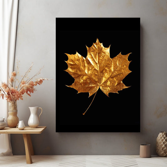 Tablou Canvas Frunza aurie stralucind pe fundal negru | The Print Studio