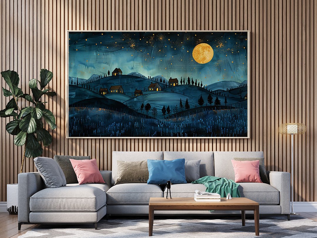 Tablou Canvas luna plina scaldata in luminile colinelor | The Print Studio