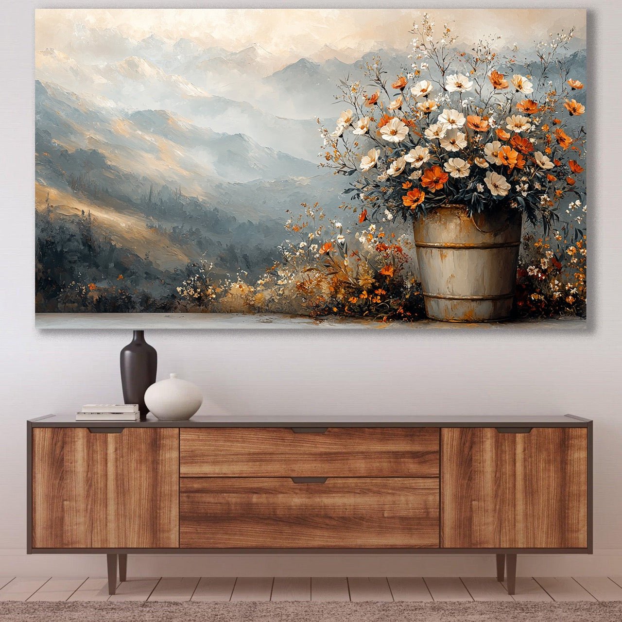 Tablou Canvas munte pictat manual cu flori vibrante | The Print Studio
