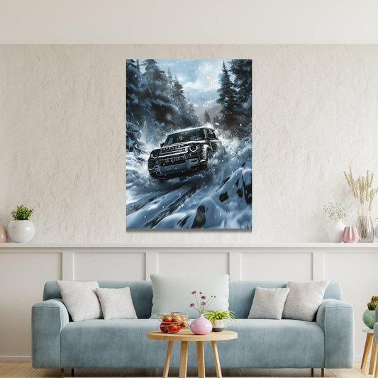 Tablou Canvas Land Rover Defender in peisaj montan inzapezit | The Print Studio