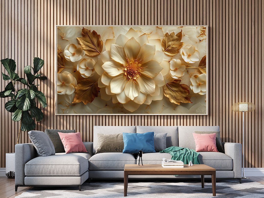 Tablou Canvas flori aurii si frunze elegante in stil abstract | The Print Studio