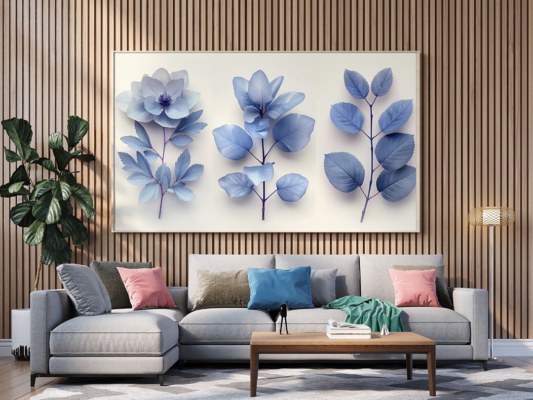 Tablou Canvas frunze albastre si flori delicate stilizate elegante | The Print Studio
