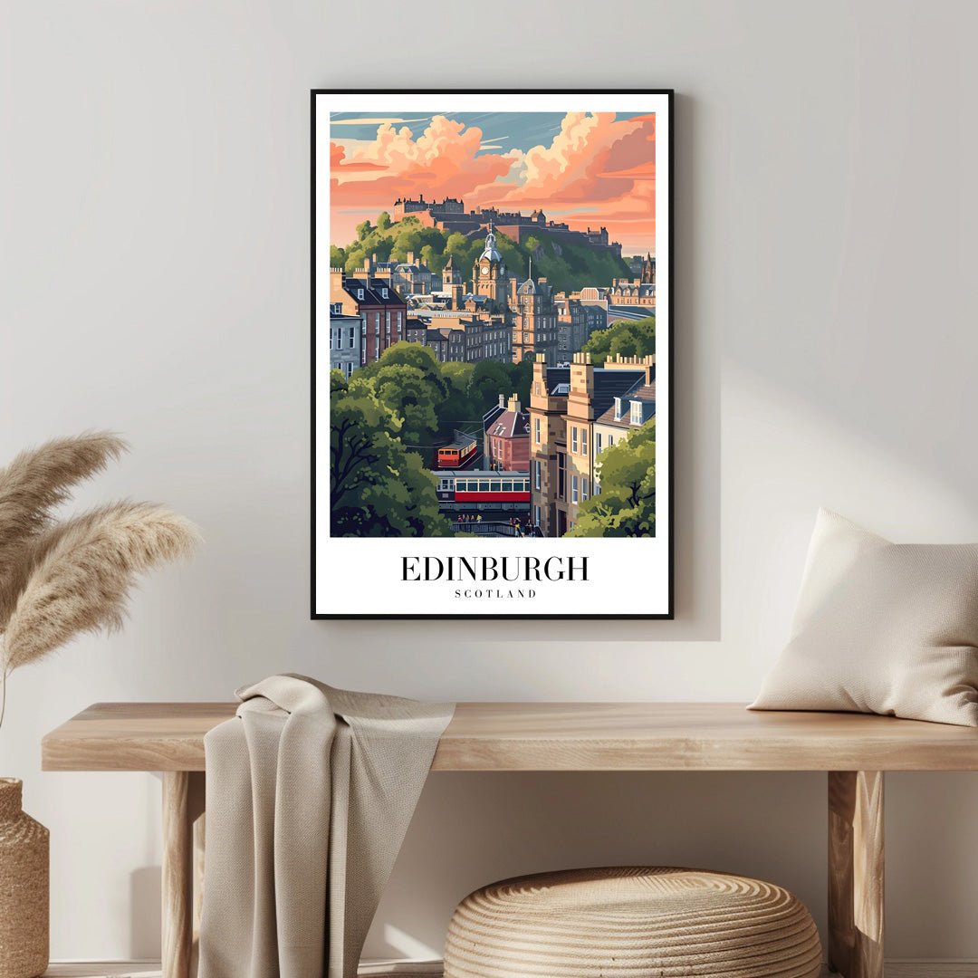 Tablou Canvas Print oras Edinburgh la apus, cladiri si nori, stil ilustrativ