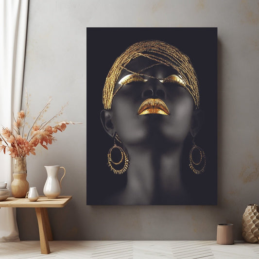 Tablou Canvas eleganta africana aurie pe fundal negru | The Print Studio