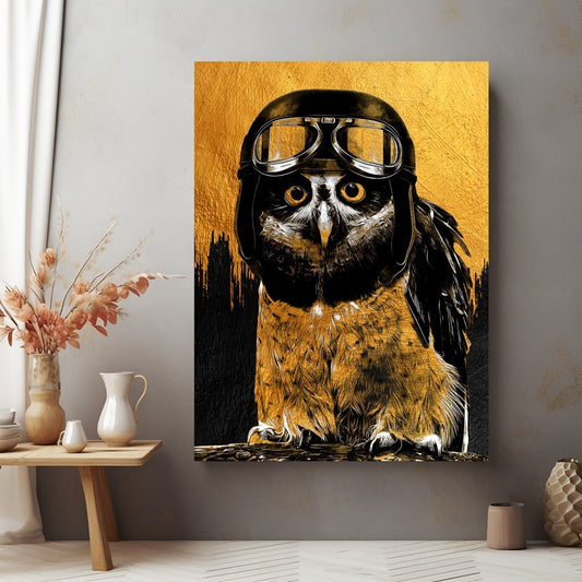 Tablou Canvas Bufnita Aurie cu Ochelari de Aviator | The Print Studio