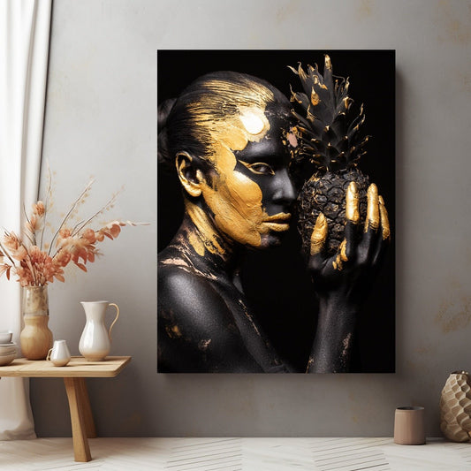 Tablou Canvas ananas exotic aurit pe fundal negru elegant | The Print Studio