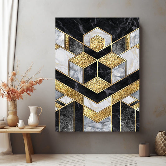 Tablou Canvas Geometric Auriu pe Fundal Negru Elegant | The Print Studio
