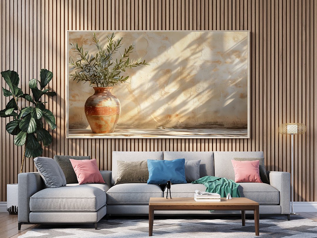 Tablou Canvas vas ceramic si umbra frunze maslin realist | The Print Studio