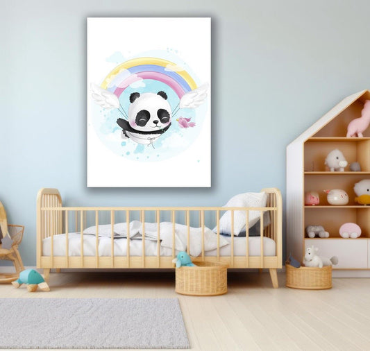 Tablou Canvas panda vesel plutind sub curcubeu colorat | The Print Studio