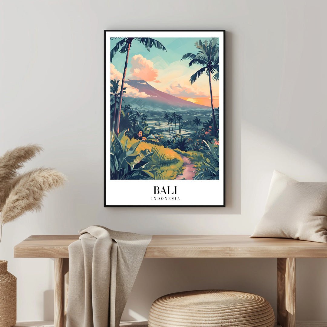 Tablou Canvas Print Bali apus muntos si palmieri, stil ilustrativ