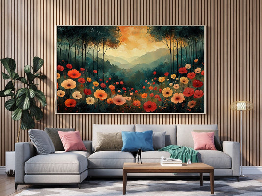 Tablou Canvas apus printre flori in padure fermecata | The Print Studio