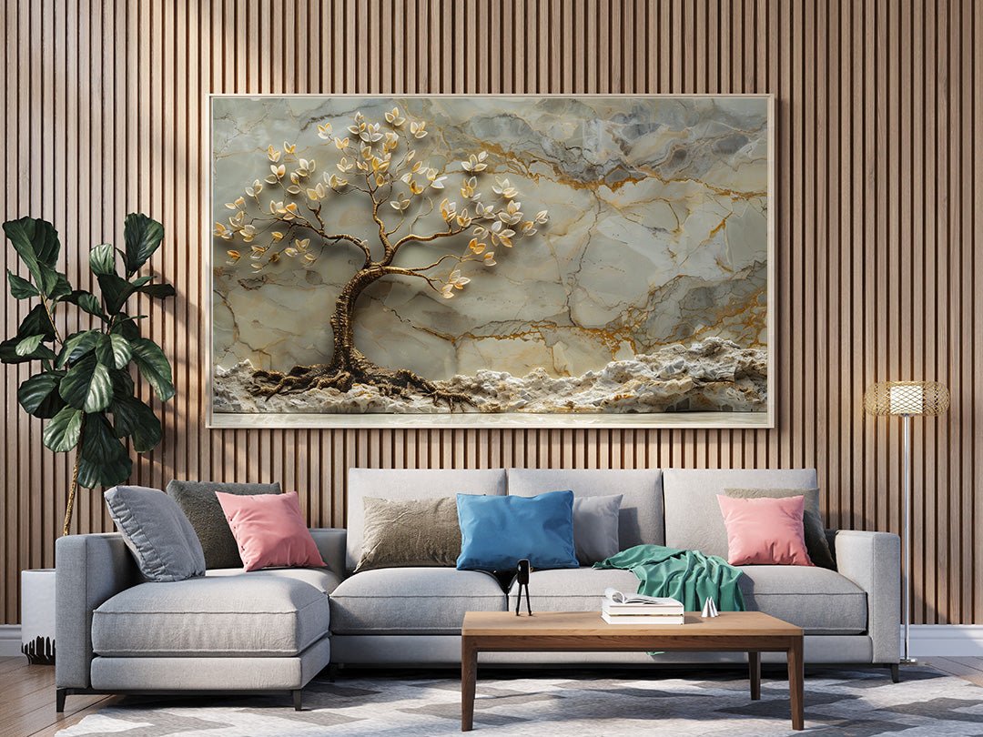 Tablou Canvas copac cu frunze aurii pe fundal de marmura | The Print Studio
