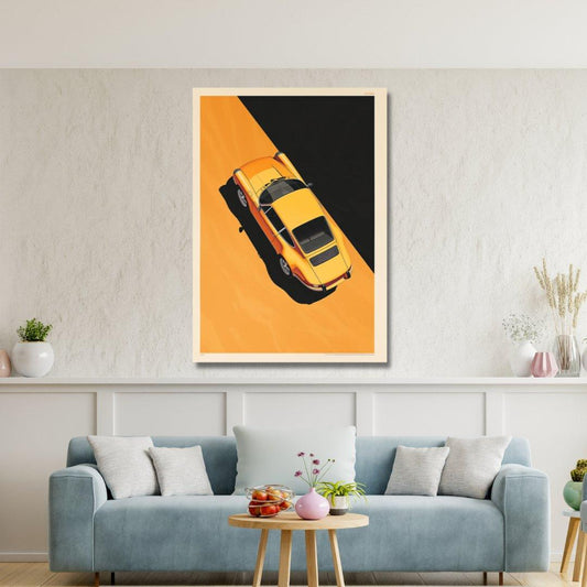 Tablou Canvas Porsche galben clasic in contrast vibrant | The Print Studio