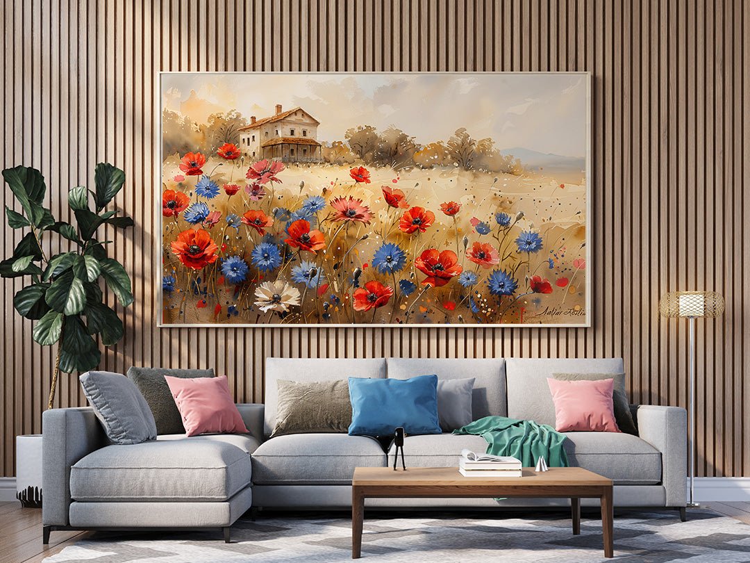 Tablou Canvas casuta rustica inconjurata de flori campestre | The Print Studio