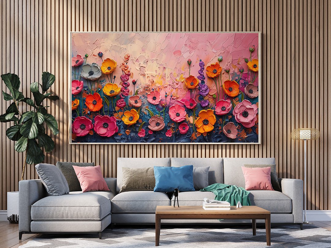 Tablou Canvas flori multicolore vibrante pe camp abstract | The Print Studio