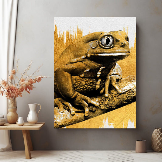 Tablou Canvas broscută aurie delicata pe ramura intunecata | The Print Studio