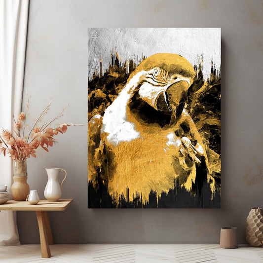 Tablou Canvas papagal tropical aurit pe fundal negru elegant | The Print Studio