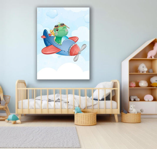 Tablou Canvas dinozaur aventuros zburand printre nori | The Print Studio