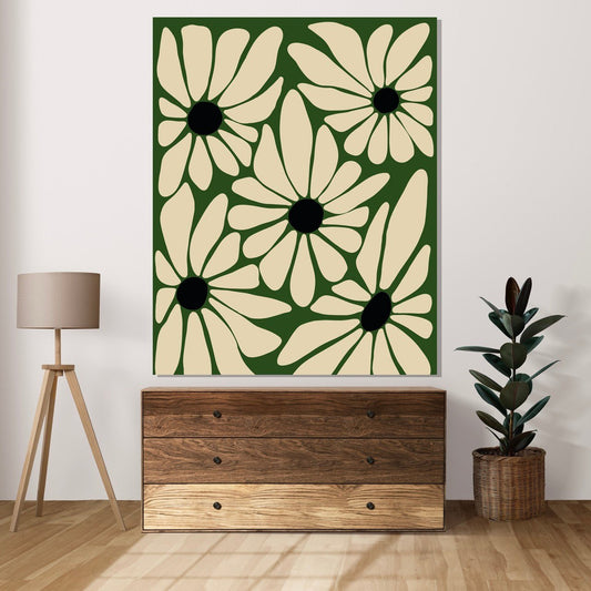 Tablou Canvas flori albe delicate pe fundal verde vibrant | The Print Studio