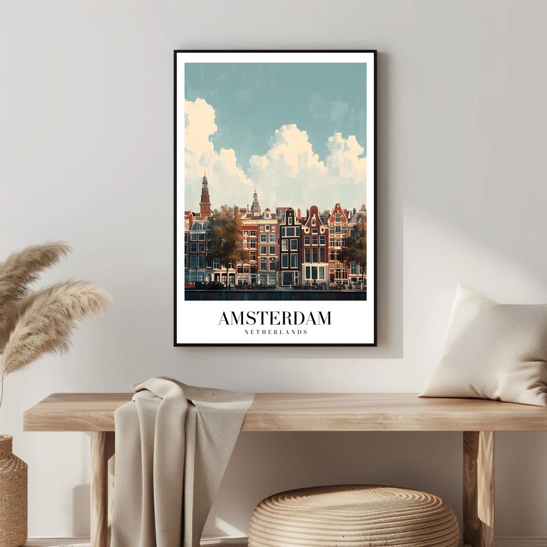 Tablou Canvas case Amsterdam sub cer senin, vibrant si ilustrativ | The Print Studio