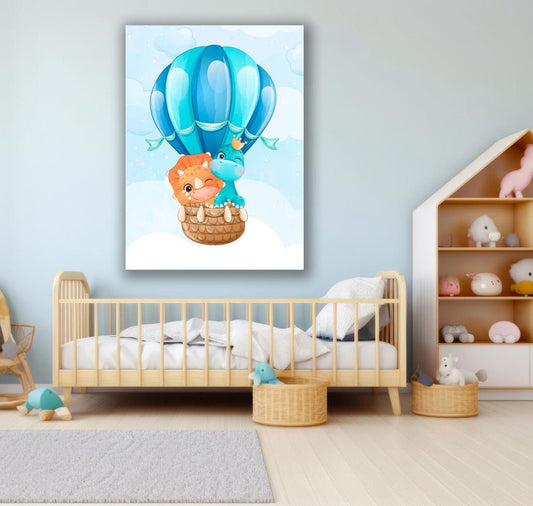 Tablou Canvas dinozauri zburand in balon spre noi aventuri | The Print Studio