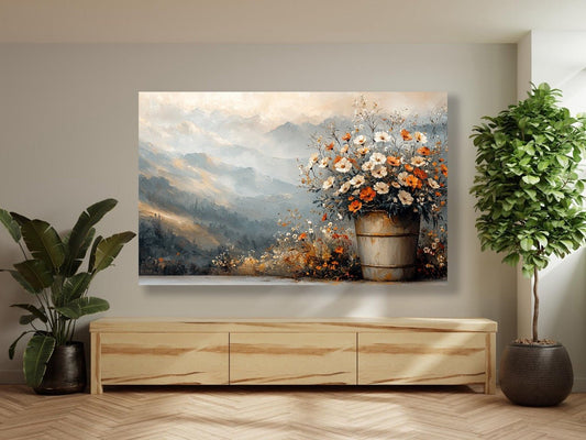 Tablou Canvas munte pictat manual cu flori vibrante | The Print Studio