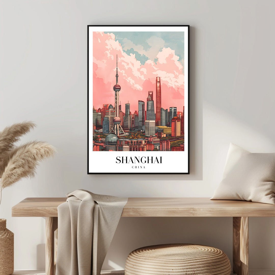 Tablou Canvas Shanghai zgarie-nori sub cerul roz ilustrativ | The Print Studio