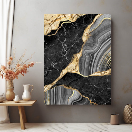 Tablou Canvas eleganta abstracta in negru si auriu pe marmura | The Print Studio