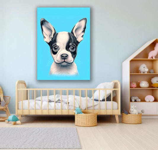 Tablou Canvas catelus jucaus pe fundal albastru pastelat | The Print Studio