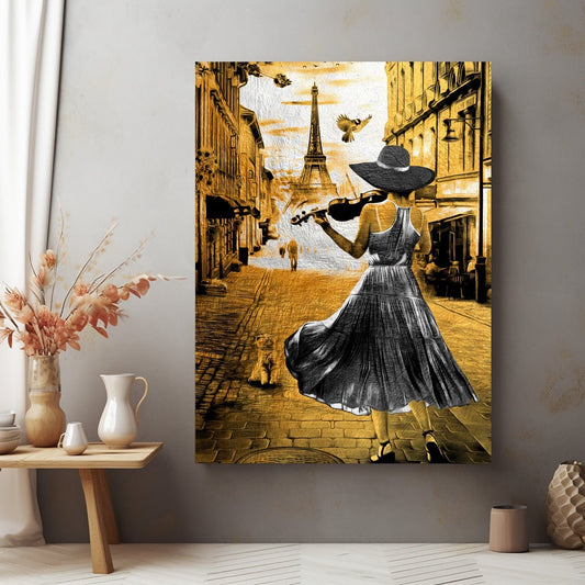 Tablou Canvas eleganta Parisului in apus auriu cu violonista | The Print Studio