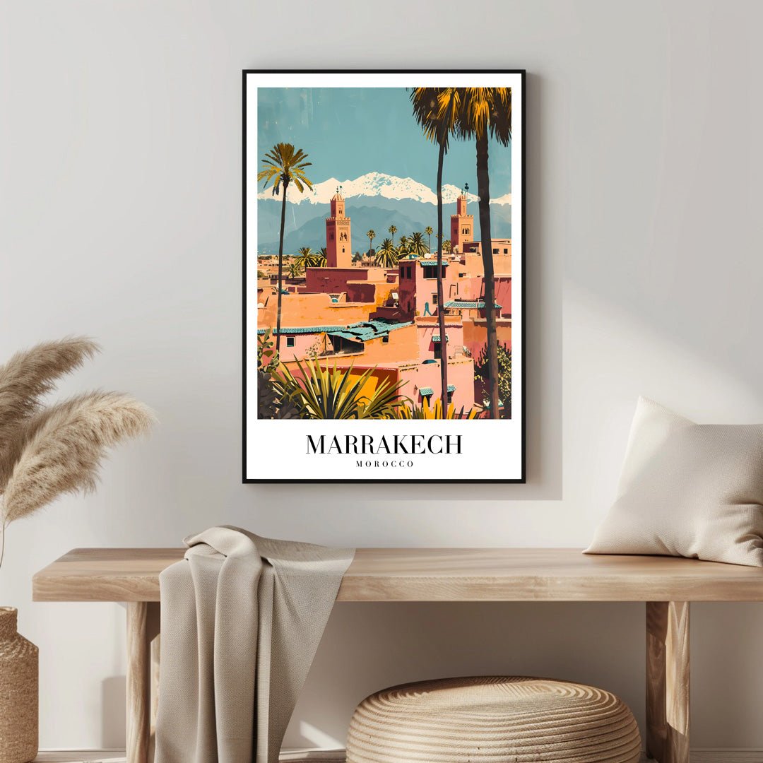 Tablou Canvas Print Marrakech apus vibrant palmieri stil ilustrativ