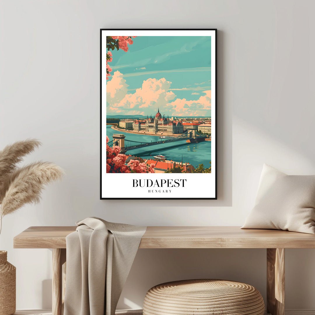 Tablou Canvas Pod Budapesta in lumina cerului albastru si flori vibrante | The Print Studio