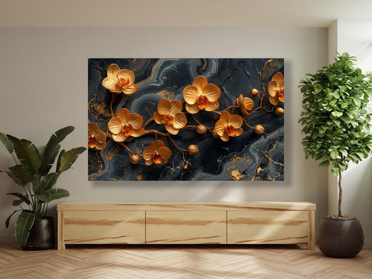 Tablou Canvas orhidee aurie eleganta pe fundal modern | The Print Studio