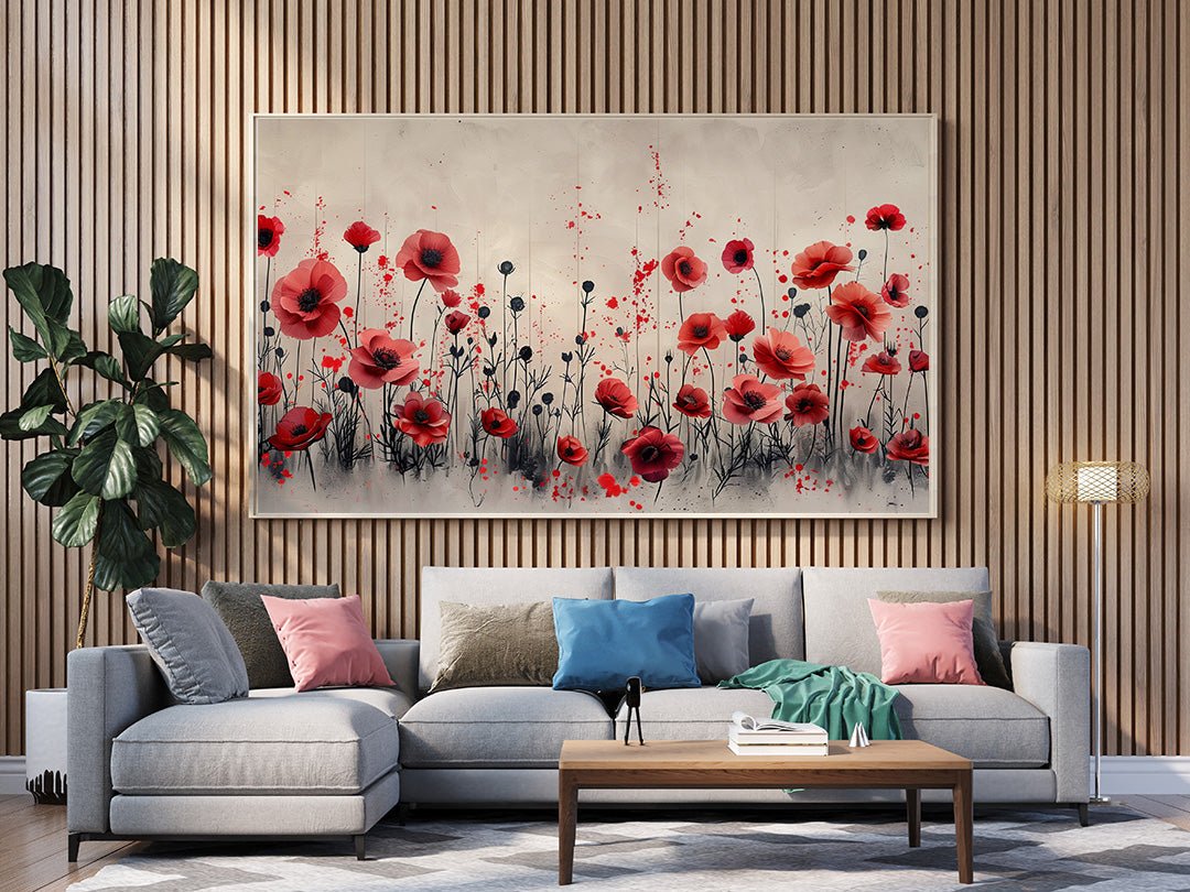 Tablou Canvas camp vibrant de maci rosii sub cer senin | The Print Studio