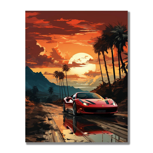 Tablou Canvas Ferrari rosu in lumina apusului | The Print Studio
