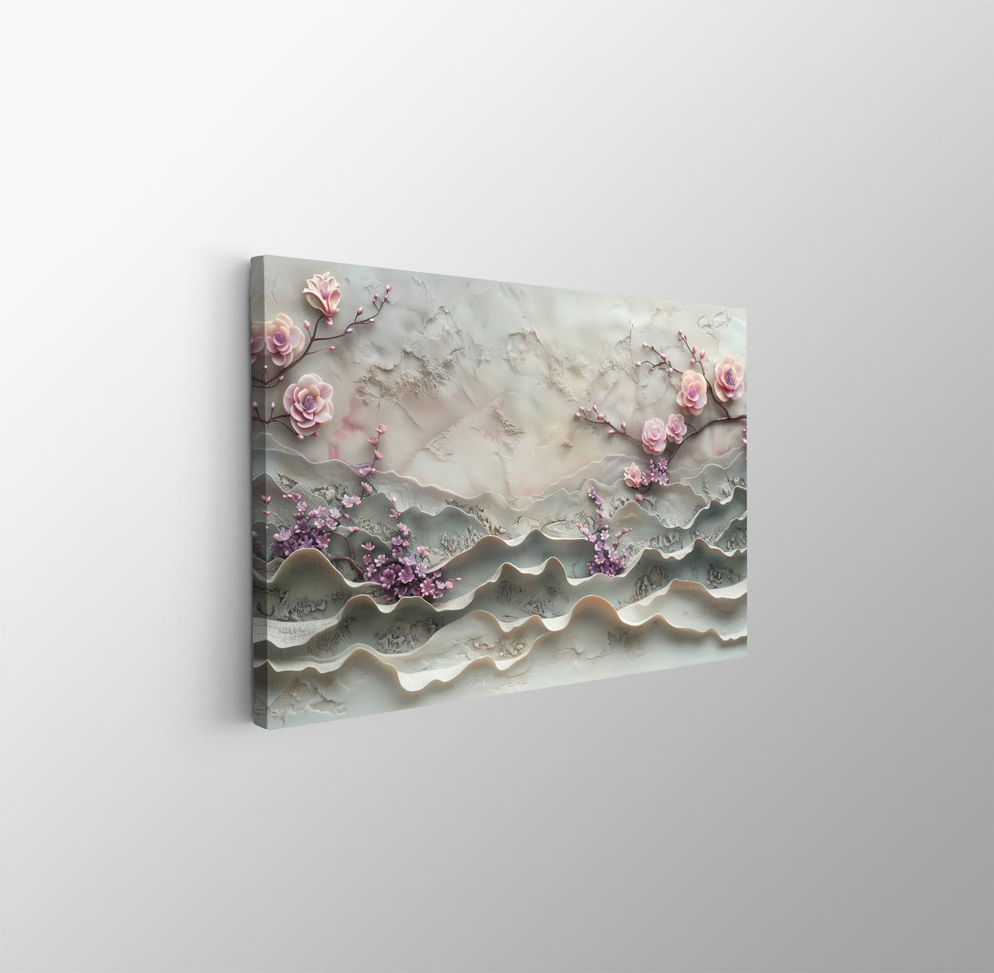 Tablou Canvas flori roz in relief pe ramuri texturate | The Print Studio