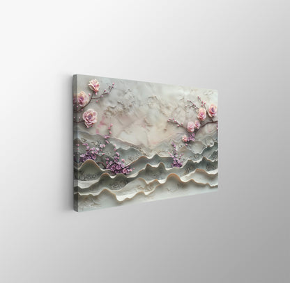 Tablou Canvas flori roz in relief pe ramuri texturate | The Print Studio