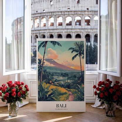 Tablou Canvas Print Bali apus muntos si palmieri, stil ilustrativ